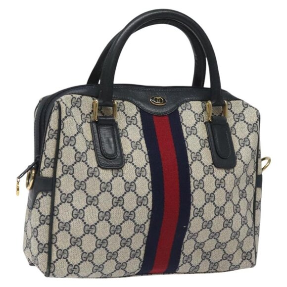 GUCCI GG Supreme Sherry Line Hand Bag PVC Leather Navy Red - Picture 10 of 16